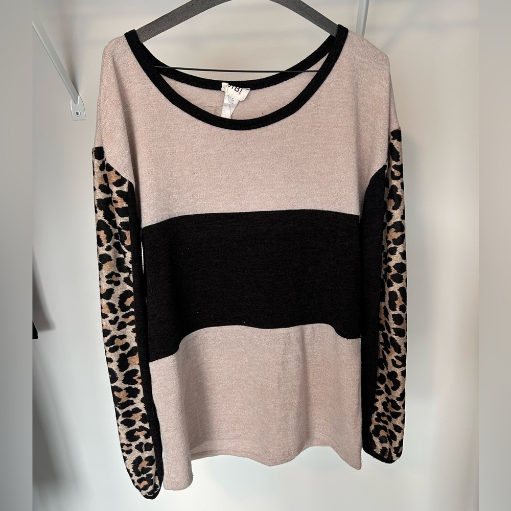 BiBi Black Stripe and Leopard Sleeve Sweatshirt